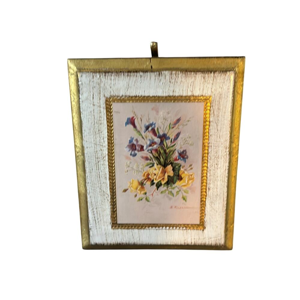 Vintage Italian Gold Gild Wall Plaque Foral Mid Century Yellow Roses Purple